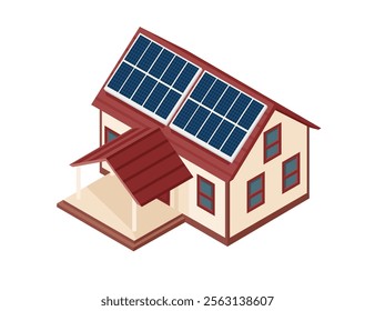 Isometric modern home with solar panels on the roof. Ideal for renewable energy, eco-living concepts, sustainable architecture, or green technology. Vector illustration isolated on white background.