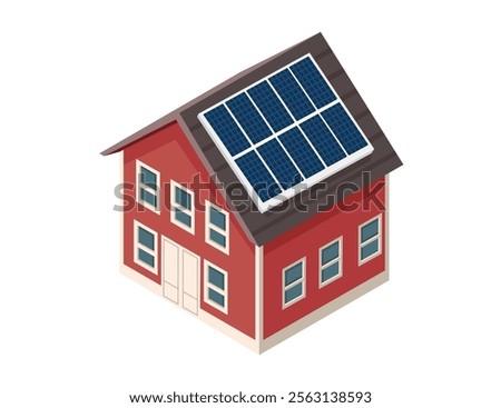 Isometric modern home with solar panels on the roof. Ideal for renewable energy, eco-living concepts, sustainable architecture, or green technology. Vector illustration isolated on white background.