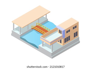 casa isométrica moderna con puente y piscina