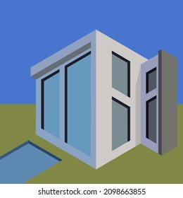 Casa moderna isométrica, pequeña casa con piscina y ventanas grandes