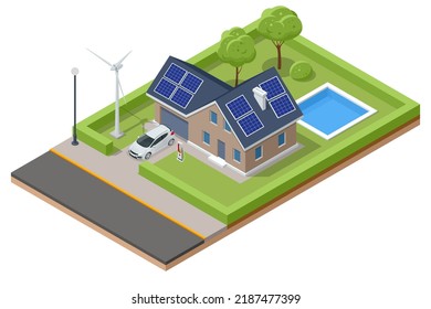 Isometric Modern House with Solar Panels and Wind Turbines. Green Eco House. Energy Effective House