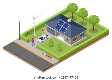 Isometric Modern House with Solar Panels and Wind Turbines. Green Eco House. Energy Effective House