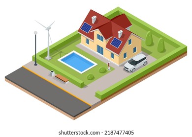 Isometric Modern House with Solar Panels and Wind Turbines. Green Eco House. Energy Effective House