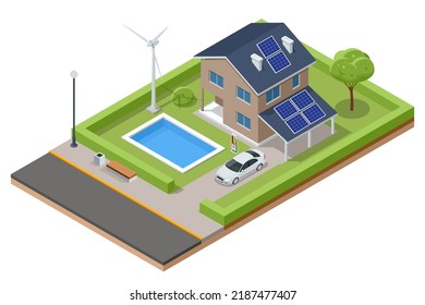 Isometric Modern House with Solar Panels and Wind Turbines. Green Eco House. Energy Effective House