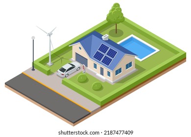 Isometric Modern House with Solar Panels and Wind Turbines. Green Eco House. Energy Effective House