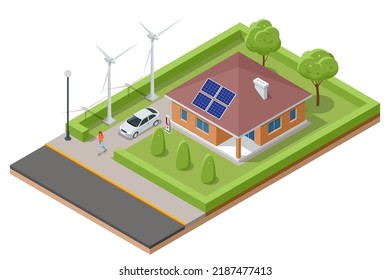 Isometric Modern House with Solar Panels and Wind Turbines. Green Eco House. Energy Effective House