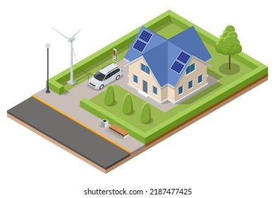 Isometric Modern House with Solar Panels and Wind Turbines. Green Eco House. Energy Effective House