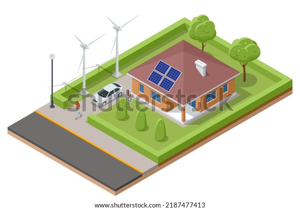 Isometric Modern House with Solar\
Panels and Wind Turbines. Green Eco House. Energy Effective\
House