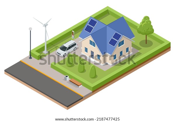 Isometric Modern House with Solar
Panels and Wind Turbines. Green Eco House. Energy Effective
House