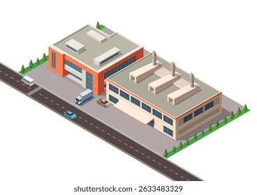 Isometric Modern industrial building area with highway and vehicle