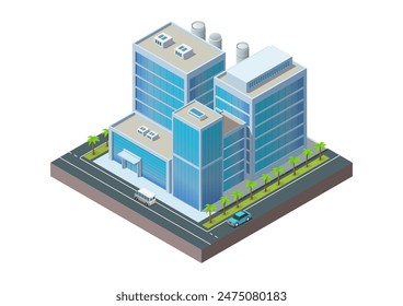 Isometric modern industrial building with trees and car