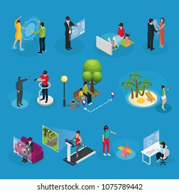 Isometric modern innovative technology set with people using virtual reality mask in different situations isolated vector illustration