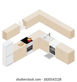 Isometric modern kitchen interior. Furniture and kitchen appliance.Cabinets shelves utensils oven and cooker hood realistic