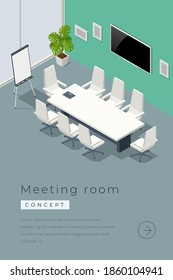 Isometric modern meeting room interior with empty poster on concrete wall, equipment.