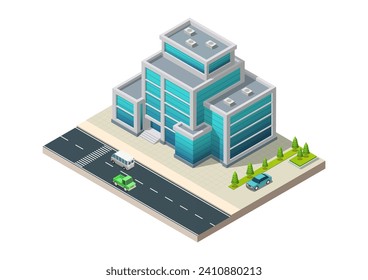 Edificio de oficinas moderno isométrico con calles y autos para la creación de mapas de ciudades