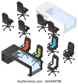 Isometric Modern Office Chair Set And Black And White Tables With Glass