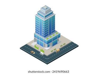 Isometric modern office or hotel building with street roads and cars for city map creation