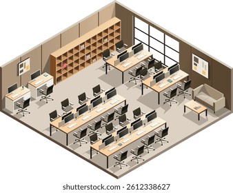Isometric modern office workspace with multiple workstations
