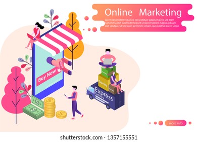 Isometric modern people easily shopping online on mobile payment systems and transportation delivery convenience. Concept of mobile marketing and e-commerce. supermarket smartphone.
