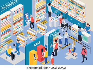 Isometric modern pharmacy store interior with showcases vending machine atm marking on floor and customers 3d vector illustration