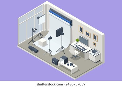 Isometric Modern photo studio with professional equipment. digital photo camera in photo studio with lighting equipment and softbox