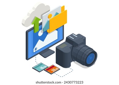 Estudio de fotografía moderna isométrica con equipo profesional. Cámara fotográfica DSLR