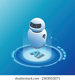 Concepto de robot isométrico moderno. Tecnología e ingeniería. Servicio de tecnología e inteligencia artificial de comunicación.