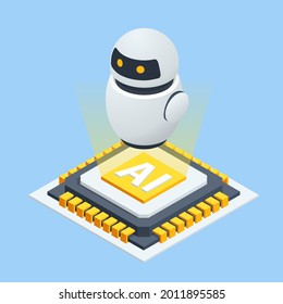 Isometric Modern Robot Isolated On Background. Little Minimal Modern White Robot