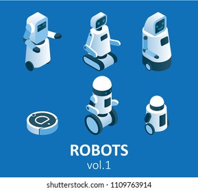 Isometric modern robotics icon set. Vector isolated illustration. Household, service, industrial and security robots.