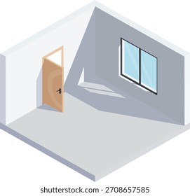 Isometrische moderne Zimmer Innenausstattung mit offener Tür und Fenster
