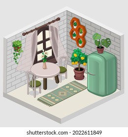 Isometric modern room. Vector illustration. Can be used as logos, icons, objects, game art.