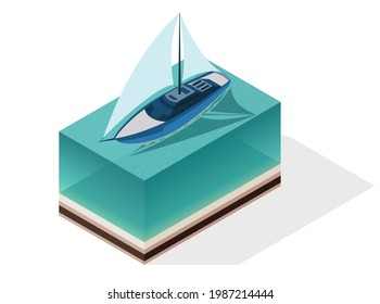 Isometric modern ship. Yacht with large sails. Vector isometric icon or infographic element. Ocean transport