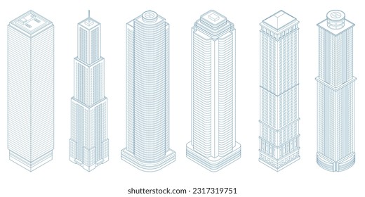 Isometrische, moderne Wolkenkratzer-Umrisse, moderne Gebäude auf Schreibhintergrund