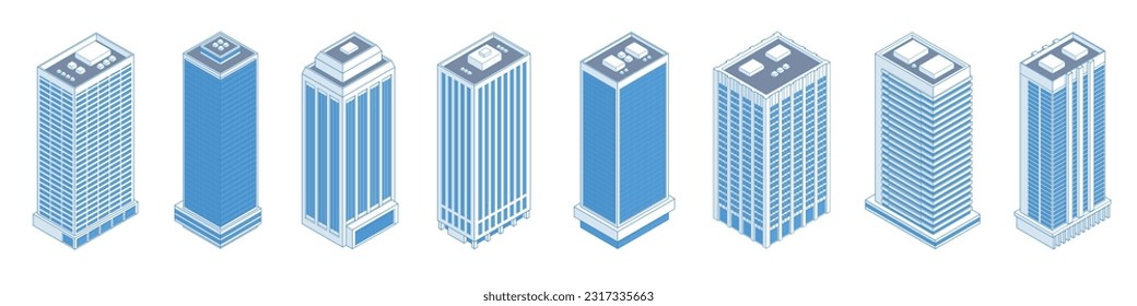 Isometric modern skyscraper outline, skyscrapers, apartment, office, houses