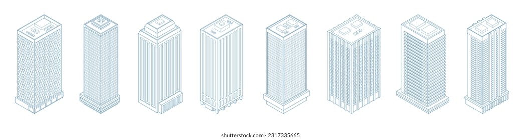 Isometric modern skyscraper outline, skyscrapers, apartment, office, houses