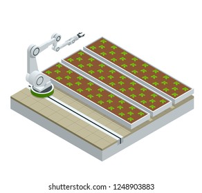 Isometric modern smart industrial greenhouse. Artificial intelligence robots in agricultural. Organic food, agriculture and hydroponic conccept.