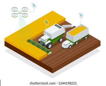 Isometric modern smart robots in agriculture, smart industry robot 4.0 combined harvester-thresher in the field. Combine harvester at work harvesting a field of wheat.