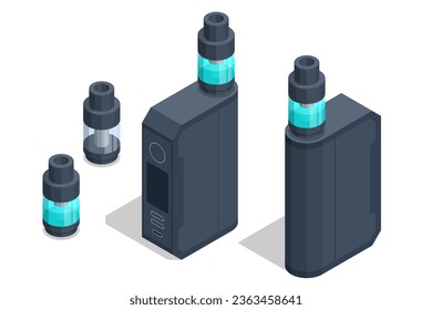 Isometric modern smoking, vaping and nicotine. E-cigarette refills. Liquids for vaping devices