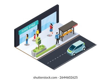 Isométrica moderna rua banco vetor e parada de ônibus para web design isolado no branco. Moderno banco com canteiros de flores no parque da cidade. Melhoria urbana, planejamento urbano, espaço público.