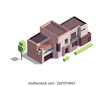 Isometric modern suburban residential building with balcony and garage 3d vector illustration