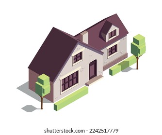 Isometric modern suburban residential house with green trees 3d vector illustration