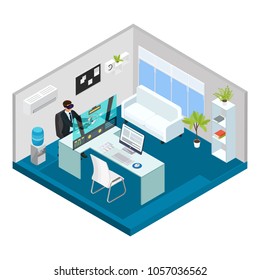 Isometric modern technology concept with man gaming with virtual reality headset in office isolated vector illustration
