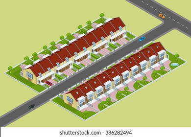 Isometric Modern townhouses. Residential buildings with outdoor facilities. Facade of new low-energy houses. 