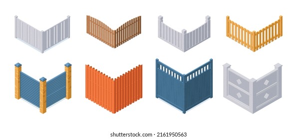 Isometric modern and traditional fence corners icons set isolated vector illustration