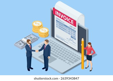 Isometric Modern vector illustration for e-billing, accounting, and online finance management. Digital financial transaction Smartphone with e-invoice, dollar sign, and coin stacks