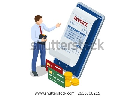 Isometric Modern vector illustration for e-billing, accounting, and online finance management. Digital financial transaction Smartphone with e-invoice, dollar sign, and coin stacks