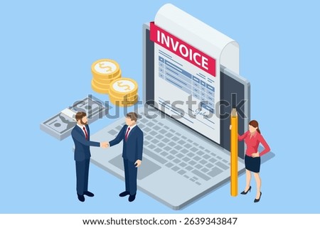 Isometric Modern vector illustration for e-billing, accounting, and online finance management. Digital financial transaction Smartphone with e-invoice, dollar sign, and coin stacks