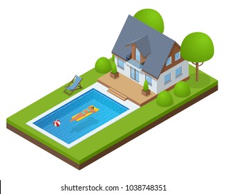 Isometric Modern Villa outdoor with swimming pool. Enjoying suntan woman in bikini and man on the inflatable mattress in the swimming pool. Enjoying suntan. Summer Vacation