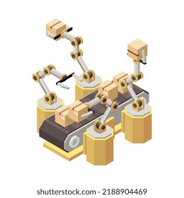 Isometric modern warehouse conveyor line with robotic arms and cardboard boxes 3d vector illustration