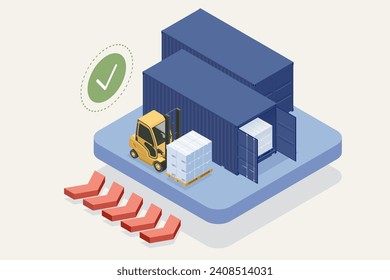 Isometric modern warehouse with forklift. Large metal containers for transportation. Delivery of cargo, shipping.